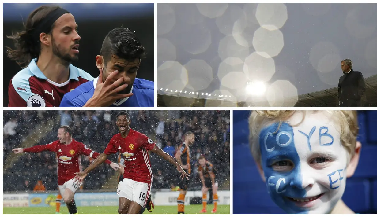 Foto terbaik Premier League pekan ketiga diwarnai aksi selebrasi striker Manchester United, Marcus Rashford dan juga tangan dari pemain Burnley, George Boyd, yang menusuk wajah bomber Chelsea, Diego Cosat. (Reuters)