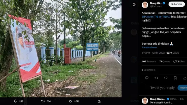 Baliho bergambar Prabowo Subianto dan bertuliskan, "Untuk Indonesia Terus Maju" terpasang di kompleks TNI AU. (Twitter @Paltiwest)