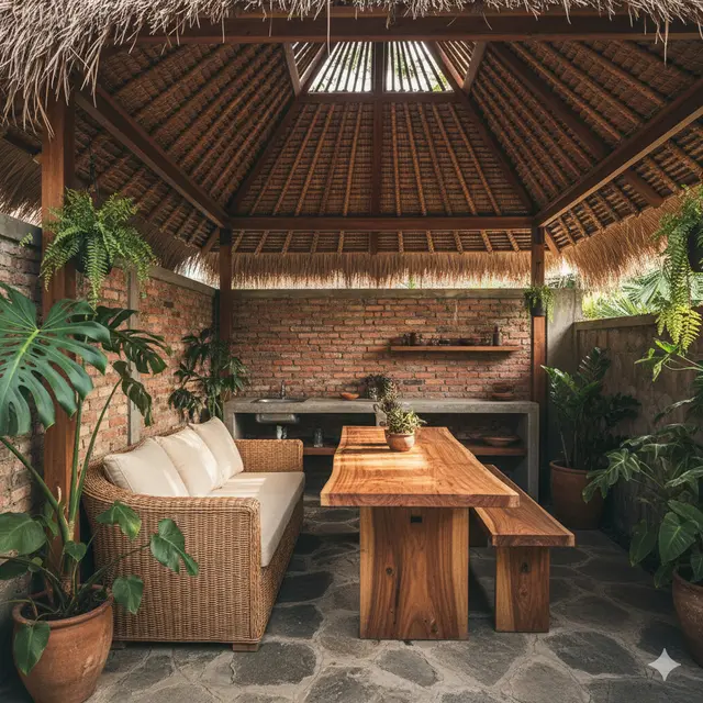 Desain Dapur Sekaligus Ruang Santai Outdoor di Rumah Tropis Sempit. Gemini