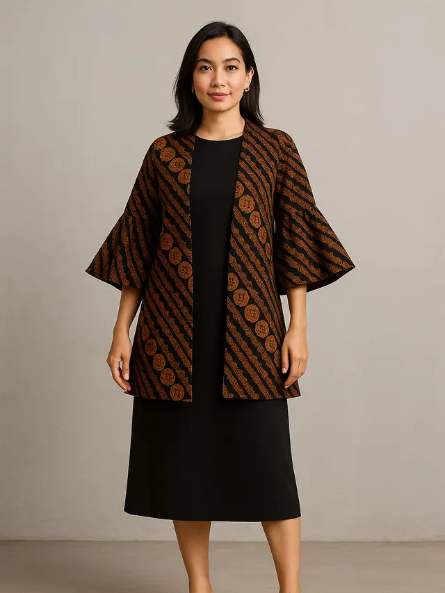 Outer Batik Panjang dengan Dress Polos untuk Kondangan Outdoor (Foto: Chat GPT)
