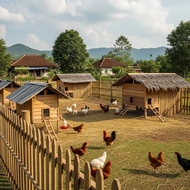 Model Kebun Ayam Umbaran dengan Pagar Sederhana di Desa (Image by Gemini AI)