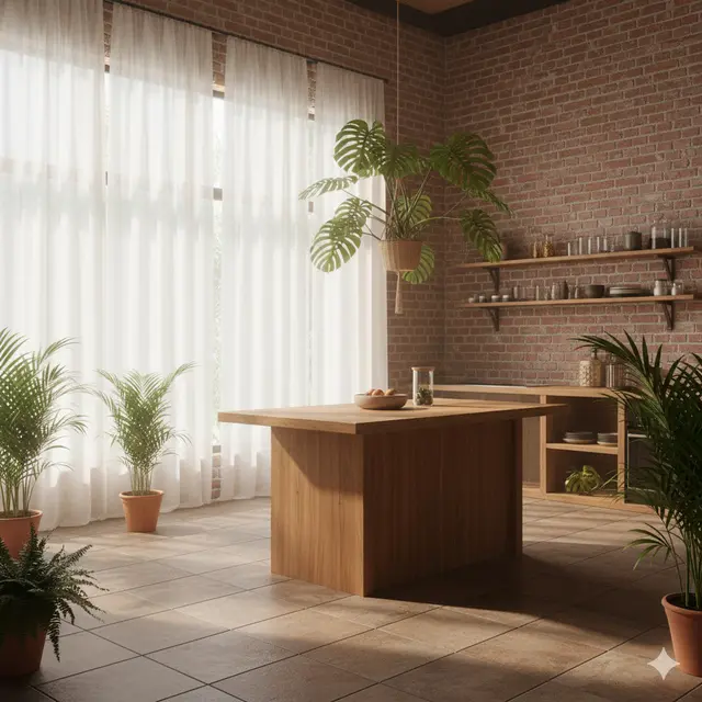 Model Dapur Rustic Tropis dengan Pencahayaan Alami dan Dinding Bata Merah. Gemini