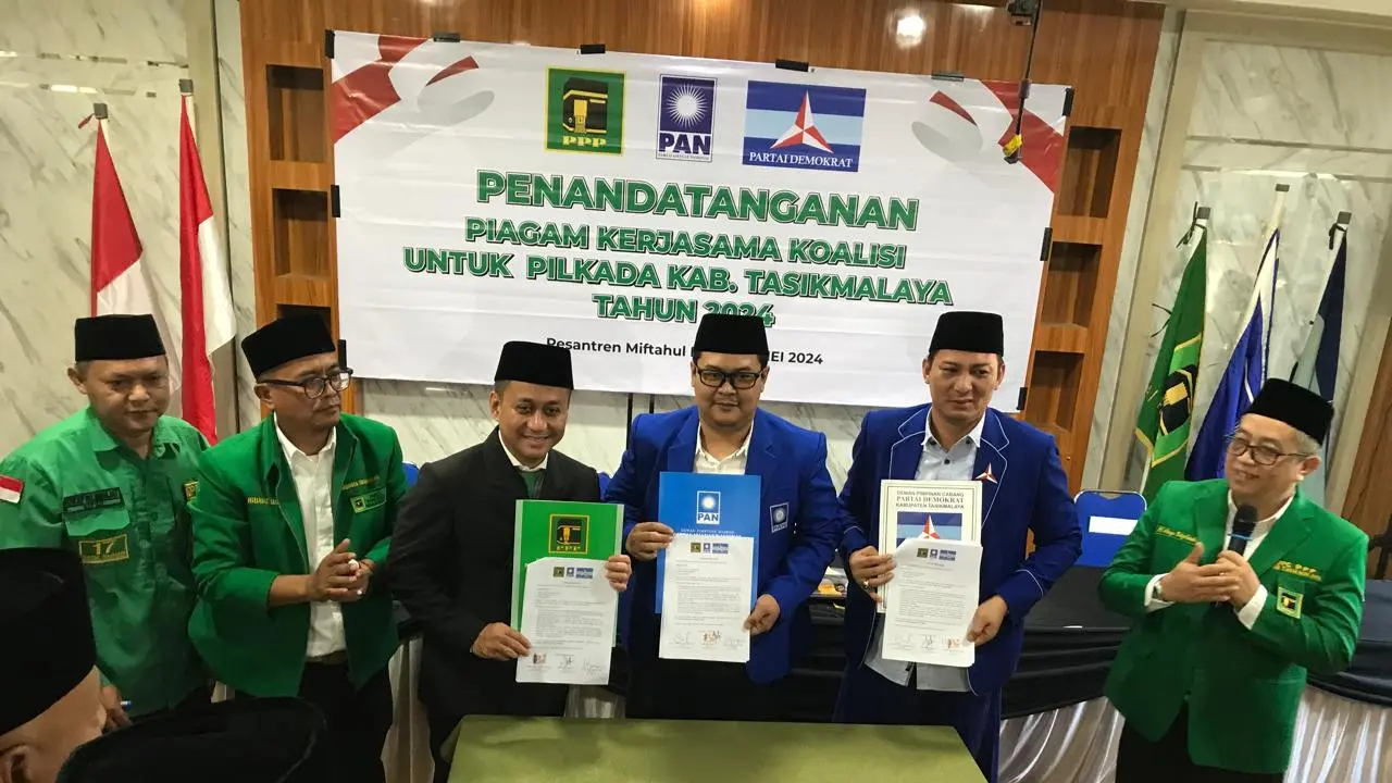 Partai Demokrat, PPP dan PAN Kabupaten Tasikmalaya, Jawa Barat, resmi berkoalisi memenangkan Bacalon Cecep Nurul Yakin, dalam konstelasi Pemilihan Kepala Daerah (Pilkada) Tasikmalaya 2024. (Liputan6.com/Jayadi Supriadin)