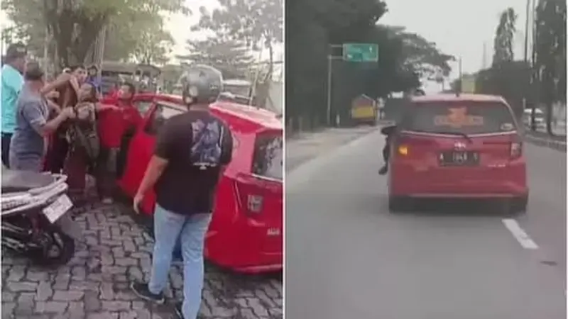 Viral video Polantas bergelantungan di kap mobil yang melaju kencang sampai akhirnya terjatuh. (Foto: Istimewa/Arif Pratomo)