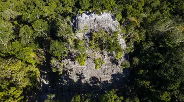 Pemandangan udara areal Piramida La Danta di situs arkeologi El Mirador, San Adres, Guatemala, 17 Januari 2023. Salah satu piramida terbesar di dunia tersebut ditemukan di antara hutan yang luas Guatemala berkat bantuan teknologi. (Carlos ALONZO/AFP)