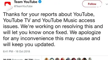 YouTube, layanan berbagi video milik Google, sempat tumbang pada Rabu (17/10/2018) pagi.