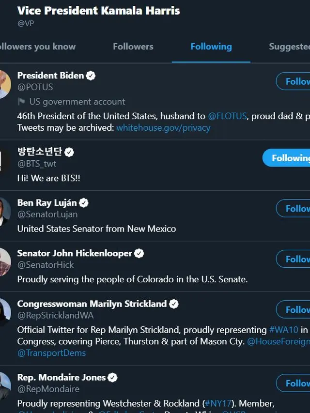 Daftar Akun yang diikuti Kamala Harris. (Tangkapan layar Twitter/ VP)
