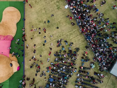 Pandangan dari udara, sebuah boneka beruang teddy (Teddy Bear) berukuran raksasa ketika di ukur panitia di Xonacatlan, Meksiko (28/4/2019). Boneka berukuran 20 meter persegi dengan berat 4 ton, masuk dalam Guinness Book of World Records. (Mario Vazquez / AFP)