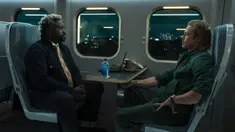 Gambar yang dirilis oleh Sony Pictures ini menunjukkan Brian Tyree Henry (kiri) dan Brad Pitt dalam sebuah adegan film Bullet Train. Bullet Train mulai tayang di bioskop pada Rabu, 3 Agustus 2022. (Scott Garfield/Sony Pictures via AP)