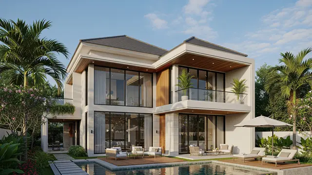 Desain Rumah Ukuran 200 Meter di Lokasi Pinggir Kota 2 Lantai dengan Kolam Renang