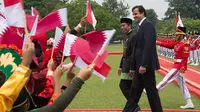 Presiden Joko Widodo saat menerima kunjungan Emir Qatar, Syekh Tamim bin Hamad al-Tsani di Istana Kepresidenan Bogor, Jawa Barat, Rabu (18/10). (Bay Ismoyo/Pool photo via AP)