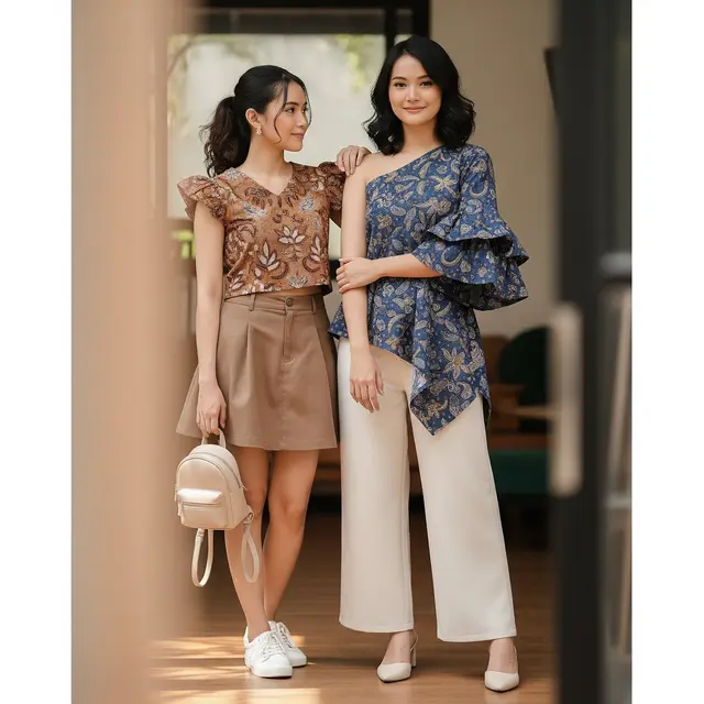 Inspirasi Outfit Baju Batik Lengan Ruffle Lipit Feminin. Foto: Gemini