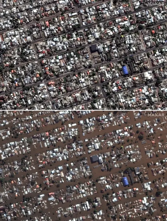 Kombinasi gambar yang dirilis oleh Maxar Technologies ini menunjukkan pemandangan sebelum dan sesudah banjir yang membanjiri rumah dan lingkungan sekitar, utara Porto Alegre, Brasil, pada 7 Mei 2024. (Satellite image ©2024 Maxar Technologies via AP)