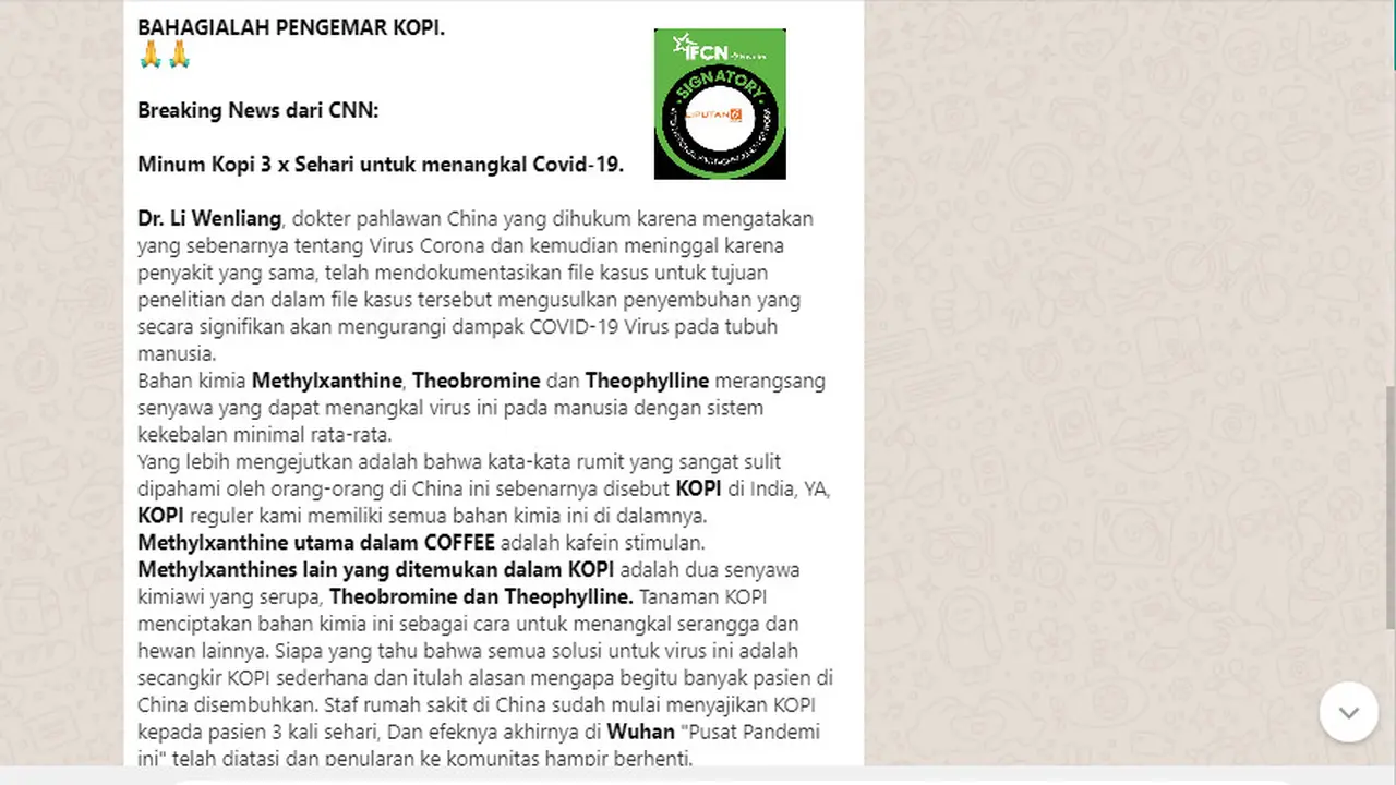 Penelusuran klaim minum kopi tiga kali sehari dapat menangkal Covid-19 dari dr Li Wenliang