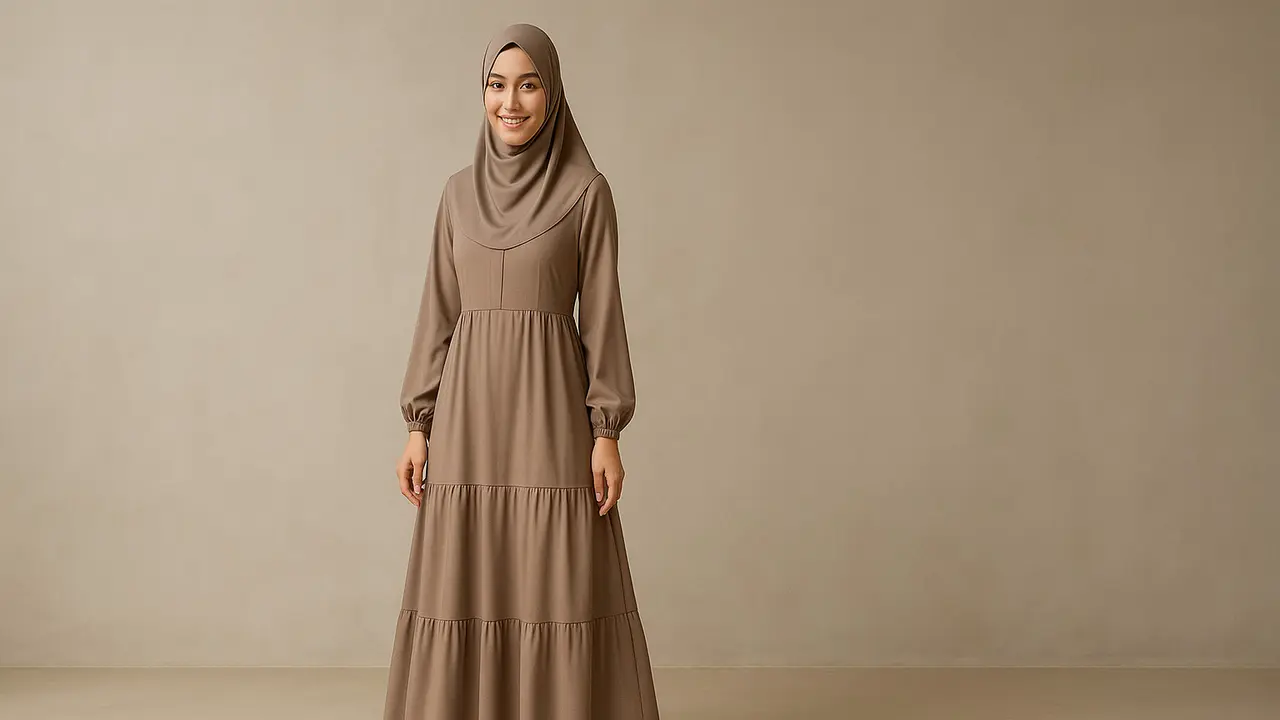 Model gamis kondangan syari yang anggun dan sederhana/ Ilustrasi gambar oleh AI