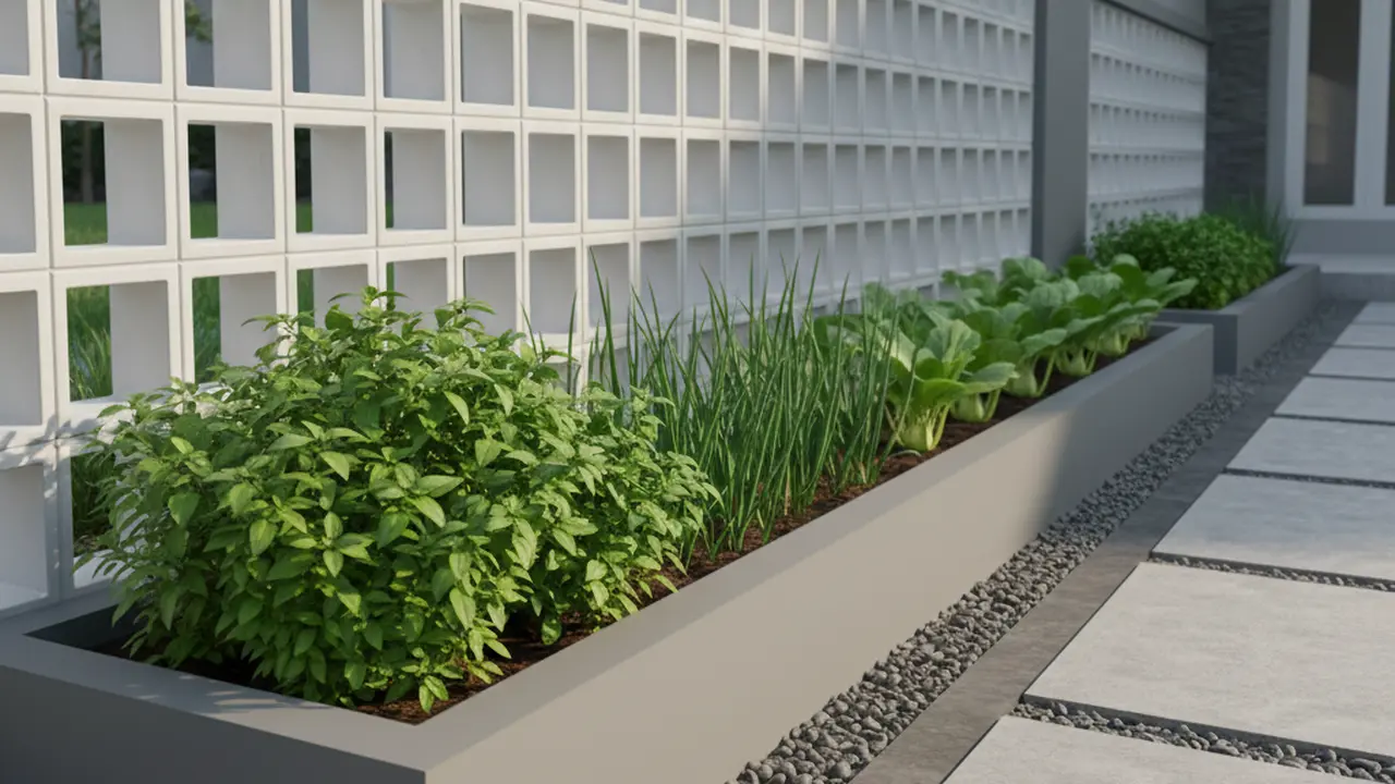 Ide Kebun Sayur Pakai Pot Semen Minimalis Halaman Depan. AI