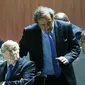 UEFA President Michel Platini (C) speaks with FIFA President Sepp Blatter (L) and Jerome Valcke, Secretary General of the FIFA, at the 65th FIFA Congress in Zurich, Switzerland, in this May 29, 2015 file photo. FIFA President Sepp Blatter and his possible