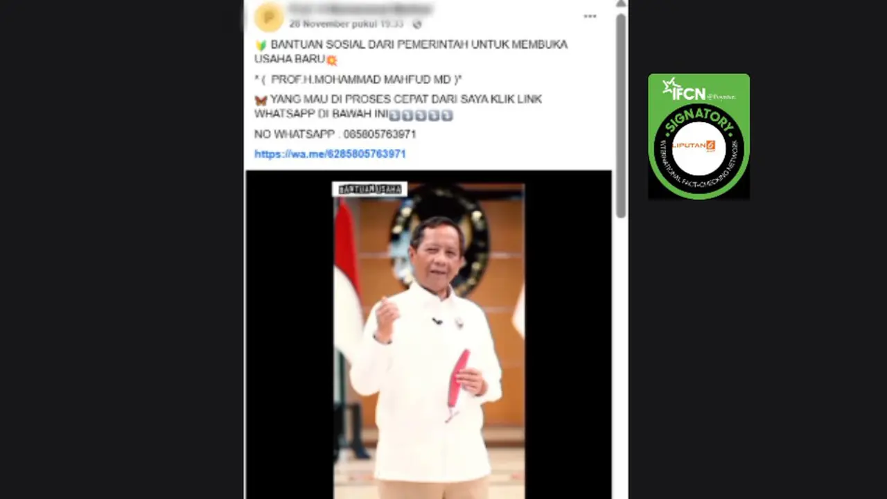 Klaim video mantan Menko Polhukam Mahfud Md membagikan bantuan modal untuk membuka usaha. Cek faktanya