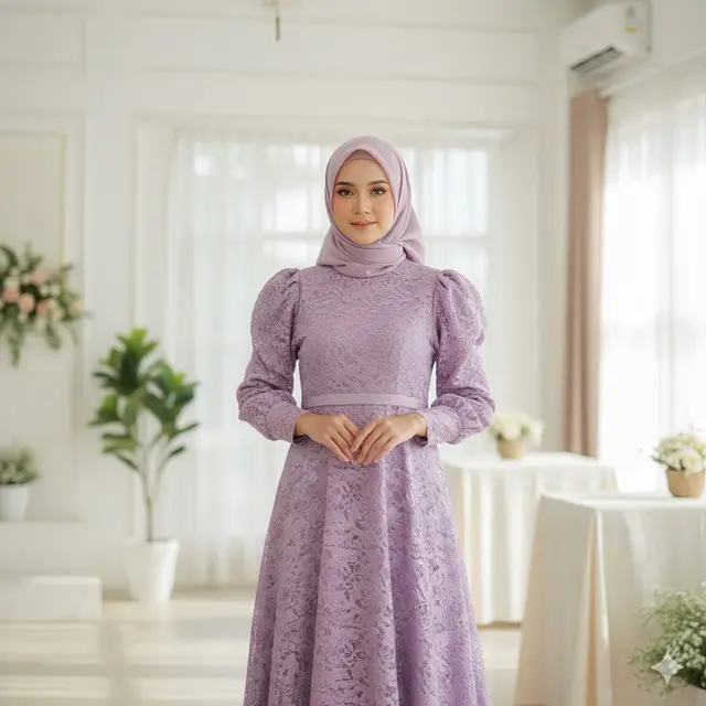 Gamis Brokat Lengan Balon Warna Lilac