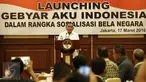 Menteri Pertahanan, Ryamizard Ryacudu memberikan sambutan saat peluncuran Gebyar Aku Indonesia di Jakarta, Kamis (17/3/2016). Gebyar Aku Indonesia ini ditujukan untuk mensosialisasikan kesadaran bela negara di kalangan muda. (Liputan6.com/Faizal Fanani)