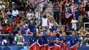 Pemain Amerika Serikat merayakan gol yang dicetak oleh Mallory Swanson ke gawang Brasil pada laga final Olimpiade Paris 2024 yang berlangsung di Parc des Princes, Paris Prancis, Sabtu (10/08/2024) waktu setempat. (AFP/Patricia De Melo Moreira)