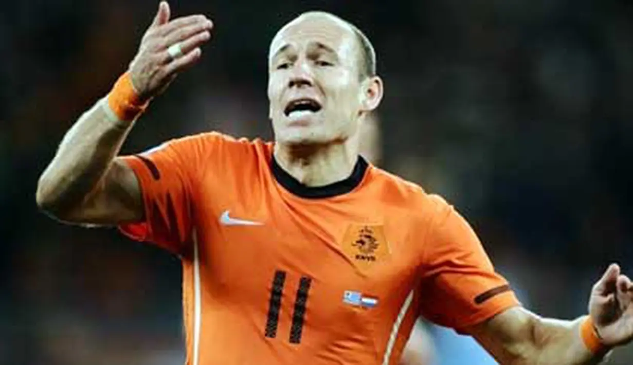 Selebrasi gol winger Belanda Arjen Robben ke gawang Uruguay di semifinal PD 2010 di Green Point Stadium, Cape Town, 6 Juli 2010. Belanda unggul 3-2. AFP PHOTO / JEWEL SAMAD 