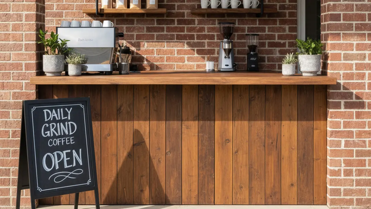 Desain Teras Rumah Mungil untuk Usaha Kopi Take Away Tren 2025. Gemini