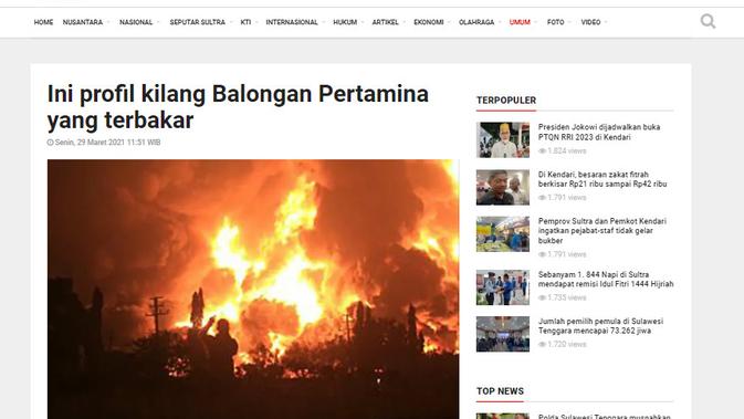 <p>Tangkapan layar situs sultra.antaranews hasil penelusuran menggunakan Google Image untuk klaim foto kebakaran kilang Pertamina Dumai</p>