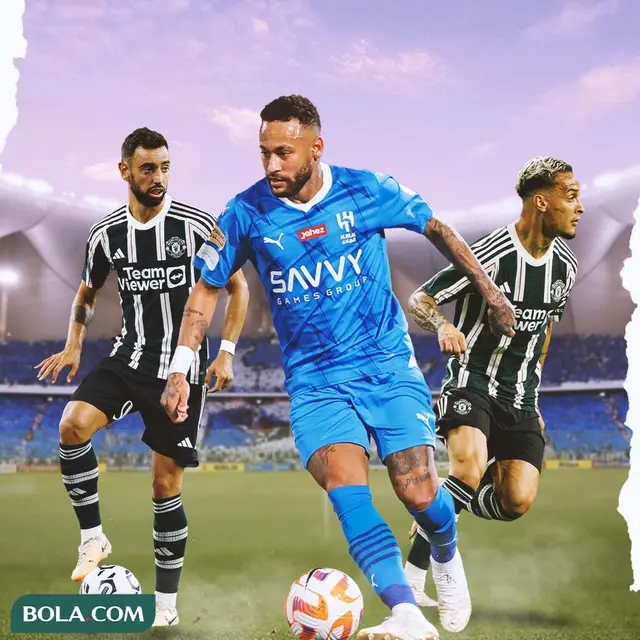 Ilustrasi - Neymar Jr Dikelilingi Bruno Fernandes dan Antony
