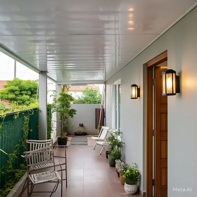 Teras dengan Plafon PVC dan Roster. Model teras rumah minimalis pintu samping masa kini