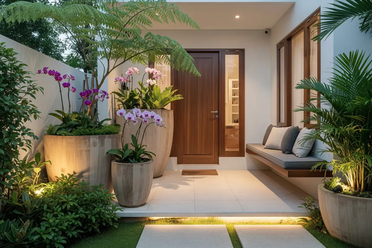 9 Model Teras Rumah Minimalis Ala Taman Tropis dengan Pot Besar, Kesejukan Alami