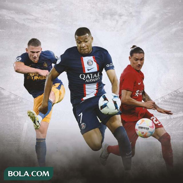 Ilustrasi - Kylian Mbappe Dikelilingi Darwin Nunez dan Sven Botman