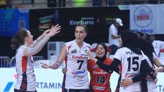 Tim putri Jakarta Pertamina Enduro mengamankan posisi empat besar PLN Mobile Proliga 2024 setelah membungkam Jakarta Livin Mandiri dengan skor 3-0 (25-19, 25-20, 25-18) pada hari terakhir seri ketiga putaran kedua, di GOR Ken Arok, Malang, Minggu (16/6/2024). Dengan mencetak tujuh kemenangan dari 11 laga, posisi Hany Budiarti dkk. dipastikan lolos ke final four dan tak akan mampu dikejar juara bertahan Bandung Bank bjb Tandamata di posisi kelima, yang hingga saat ini baru mendapat lima kemenangan dan tinggal menyisakan satu laga. (Dok. PBVSI)