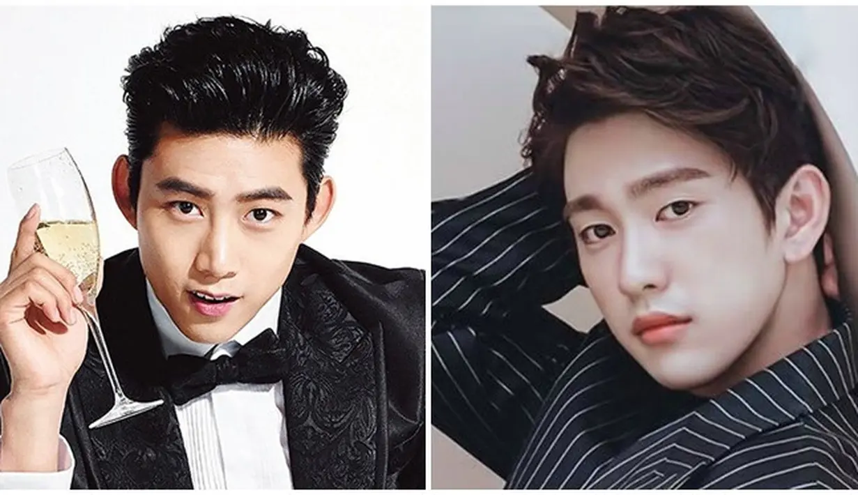 Taecyeon 2PM dan Jinyoung GOT7 terlihat mempunyai wajah yang mirip. Selain itu, mereka juga sama-sama idol jebolan JYP Entertainment. (Foto: Bintang Pictures)