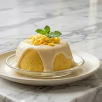 Ilustrasi Puding Jagung Manis dengan Saus Vla Vanila/AI Generated