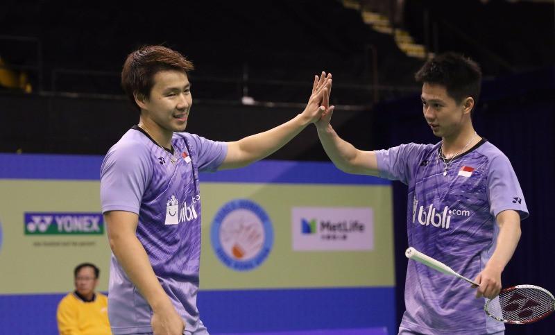 Ganda putra Indonesia, Kevin Sanjaya Sukamuljo/Marcus Fernaldi Gideon, akan menghadapi pasangan Denmark, Mads Conrad-Petersen/Mads Pieler Kolding, pada babak final Hong Kong Terbuka Super Series 2017, Minggu (26/11/2017). (PBSI)