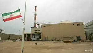 Bendera Iran di luar gedung yang menampung reaktor fasilitas nuklir Bushehr di kota pelabuhan selatan Iran Bushehr pada tahun 2007 AFP / BEHROUZ MEHRI