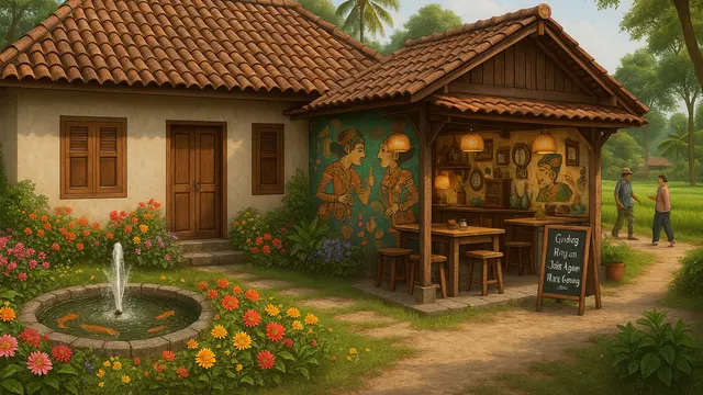Desain Rumah di Desa Dengan Warung Makan Kecil, Kenalkan Kesyahduan Kampung Jadul Kepada Gen-Z/via ChatGPT