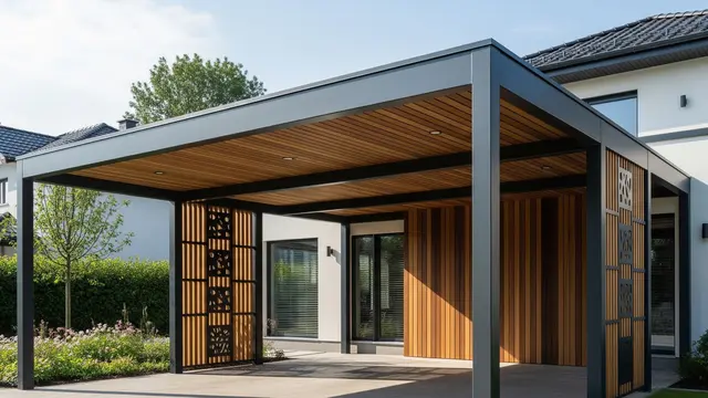 Carport Industrial Charcoal dengan Kombinasi Kayu Natural