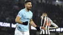 Ekspresi bahagia Sergio Aguero usai membobol gawang Newcastle United pada laga Premier League di Etihad Stadium, Manchester, (20/1/2018). Manchester City menang 3-1. (AP/Rui Vieira)