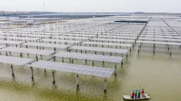 Teknisi listrik memeriksa panel-panel surya fotovoltaik di Wilayah Baoying, China (5/11/2020). Wilayah Baoying berupaya mengembangkan agrikultur ekologis melalui penggabungan budidaya ikan dengan pembangkit listrik tenaga surya, sebagai cara mendorong revitalisasi kawasan perdesaan. (Xinhua/Li Bo)