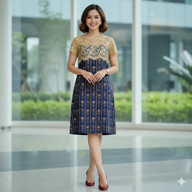 Dress Batik Brokat Lengan Pendek untuk Wanita Gemuk