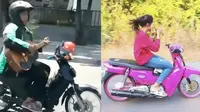 Aksi multitasking pengendara motor (Sumber: Instagram/receh.id/txtdarigajelas)