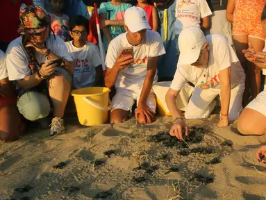 Anggota The Orange House Project melepaskan bayi penyu atau tukik di pantai El Mansouri, Tyre, Lebanon, Minggu (29/7). Anggota The Orange House Project membantu penyu menghadapi berbagai ancaman dari kepunahan. (Mahmoud ZAYYAT/AFP)