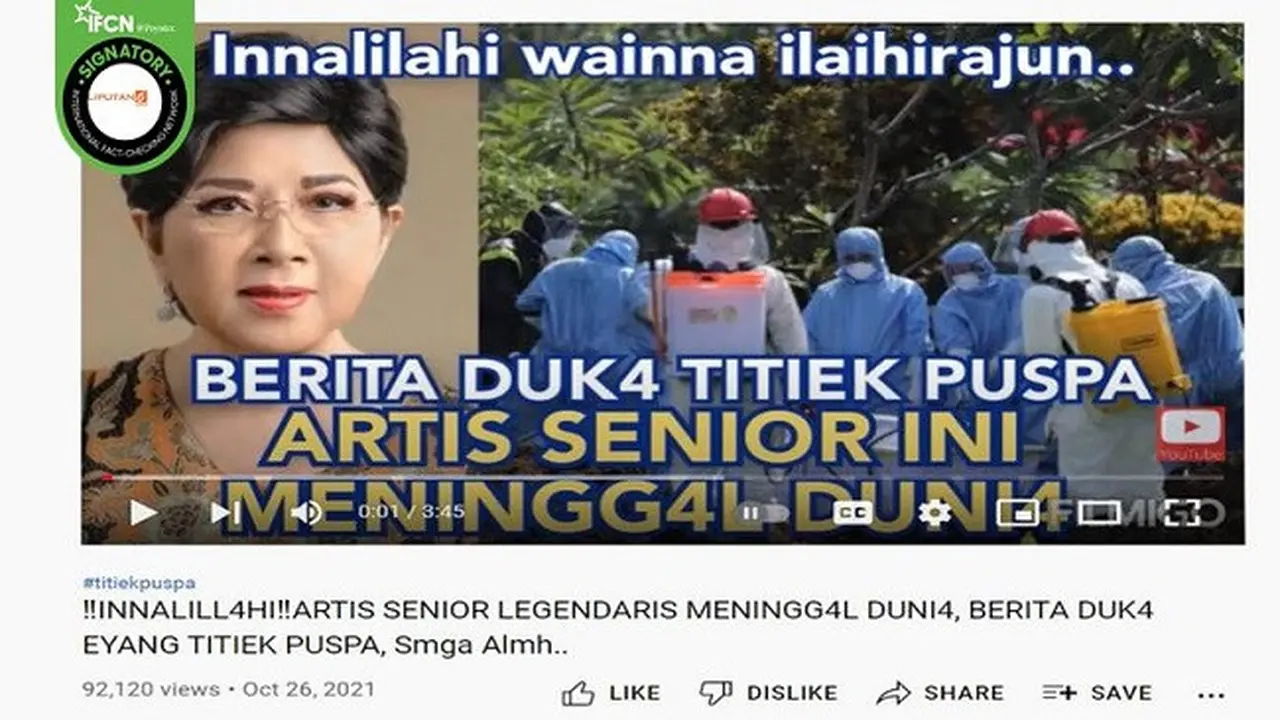 Gambar Tangkapan Layar Kabar Hoaks Titiek Puspa Meninggal Dunia pada 26 Oktober 2021 (sumber: YouTube).