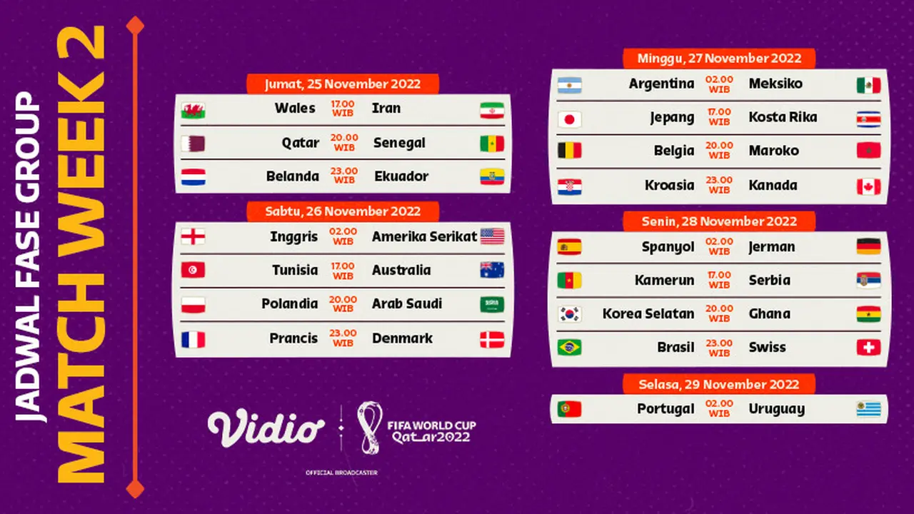 Jadwal Lengkap Piala Dunia 2022 di Vidio, 25-28 November