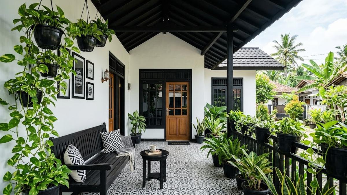 9 Inspirasi Teras Monokrom dengan Tanaman Sirih Gading dan Pot Hitam, Modern Estetik
