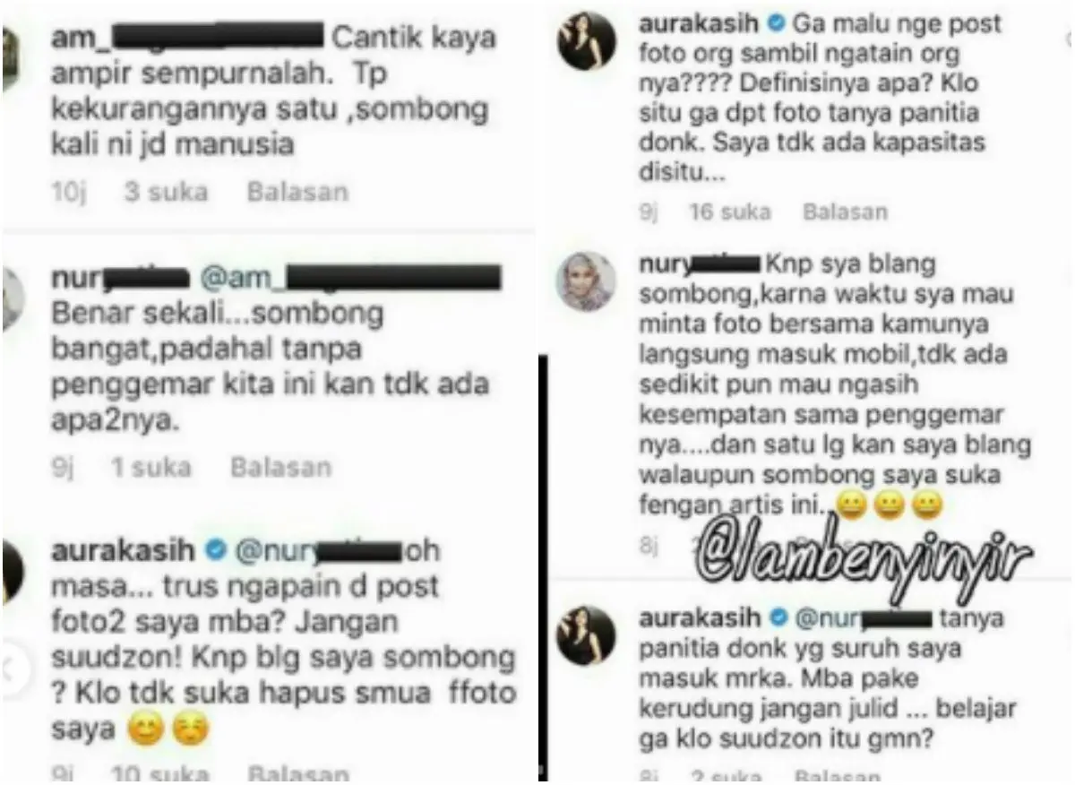 Aura Kasih membalas komentar netizen yang menyebutnya sombong. (Instagram/lambenyinyir)