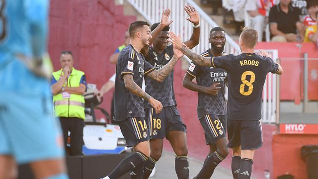 Selebrasi pemain Real Madrid ketika menjebol gawang Girona