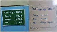 Tulisan Nyeleneh di Tarif Toilet Umum. (Sumber: Instagram/awreceh.id/netizenterhormat)